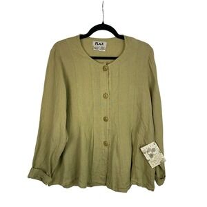 New FLAX Women's Small 100% Linen Long Sleeve Shirt Olive Green Boho Button NWT